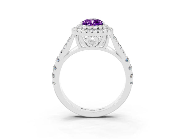Platinum Pear Cut Amethyst Pavé Split Shank Double Halo Engagement Ring