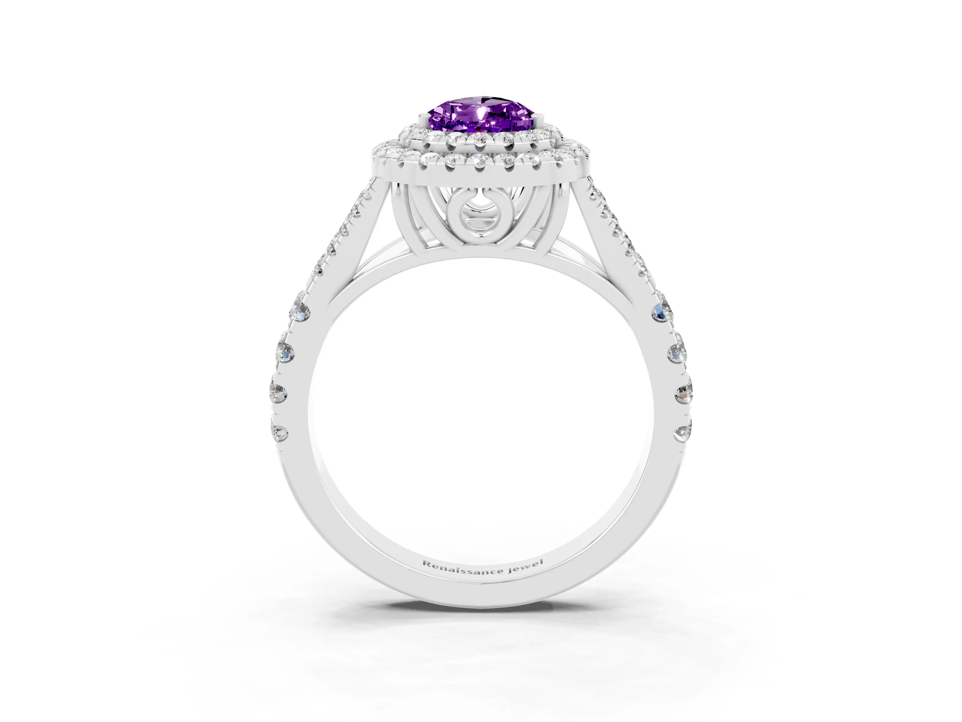 White gold Pear Cut Amethyst Pavé Split Shank Double Halo Engagement Ring_3