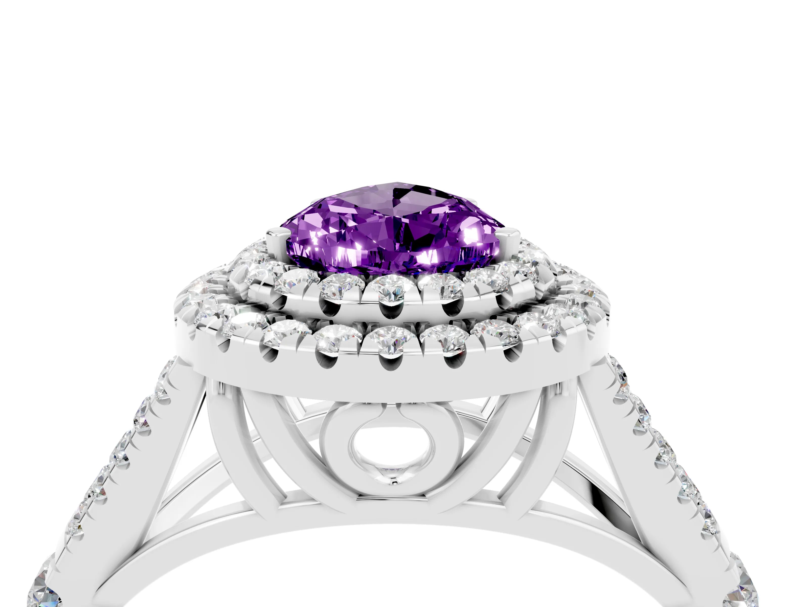 White gold Pear Cut Amethyst Pavé Split Shank Double Halo Engagement Ring_4