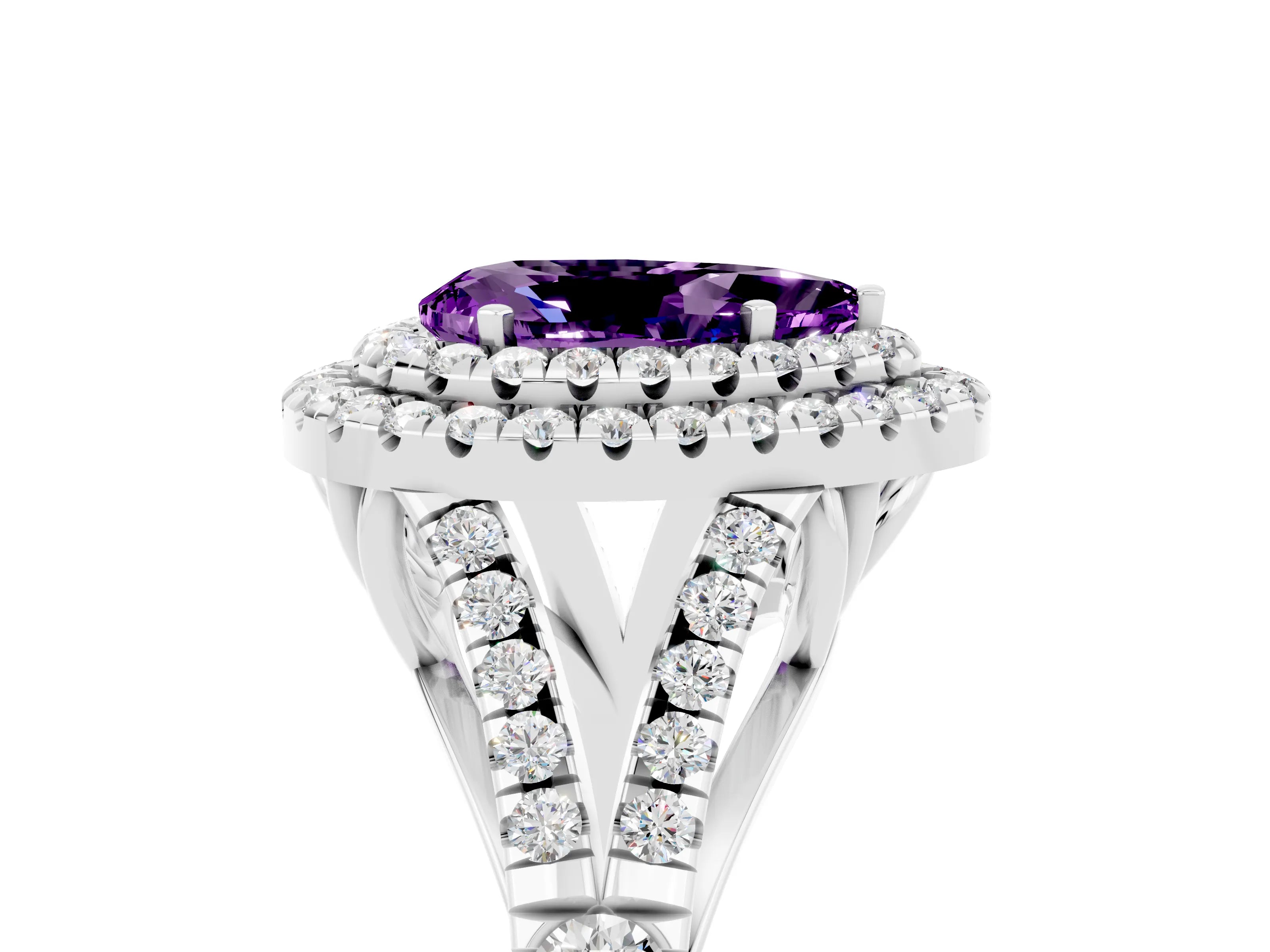 White gold Pear Cut Amethyst Pavé Split Shank Double Halo Engagement Ring_5