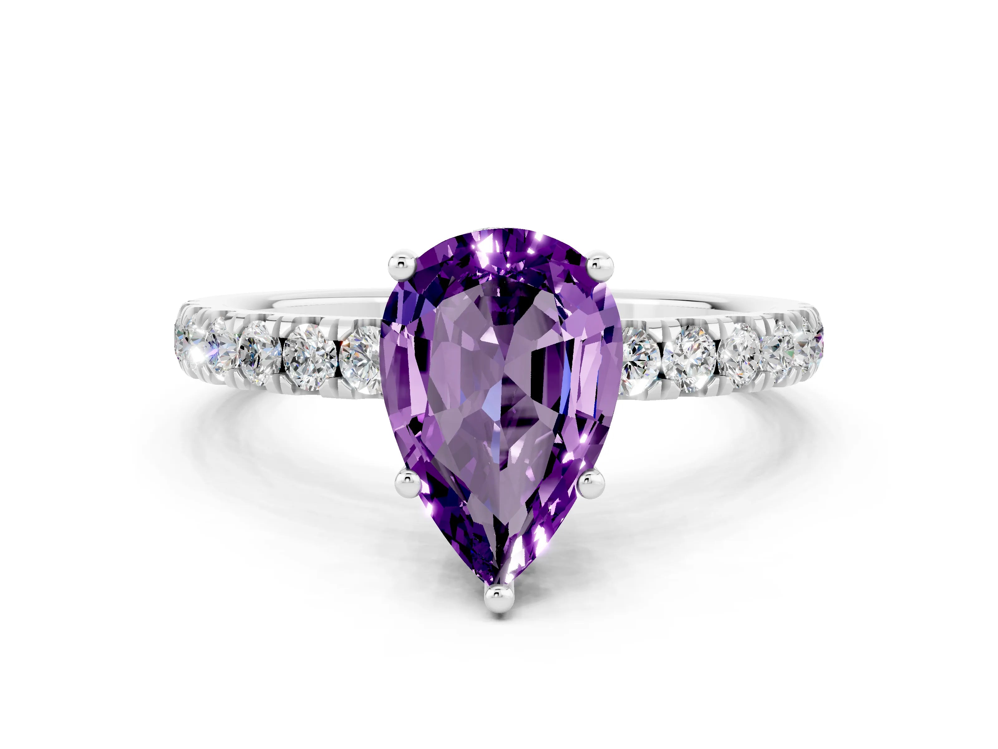 White gold Pear Cut Amethyst Pave Band Solitaire Ring with Four-Prong Setting_12