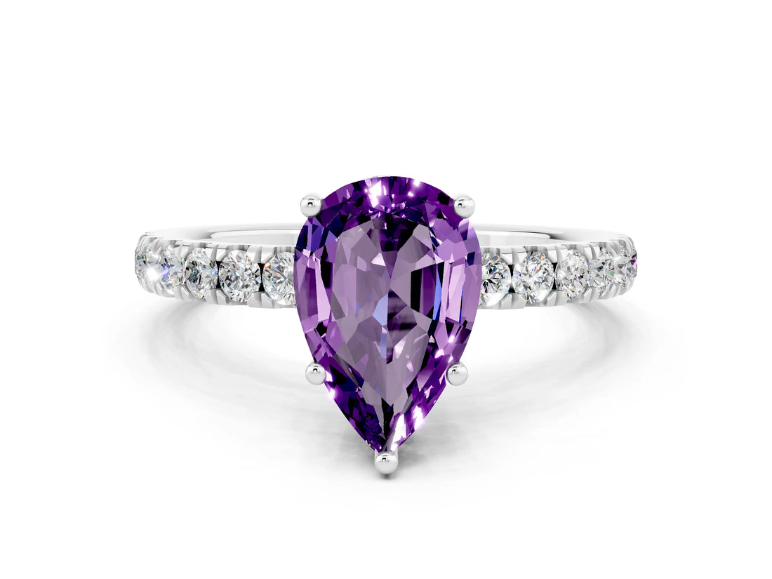 White gold Pear Cut Amethyst Pave Band Solitaire Ring with Four-Prong Setting_12
