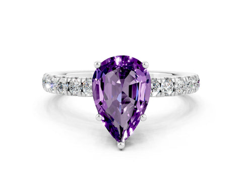 White gold Pear Cut Amethyst Pave Band Solitaire Ring with Four-Prong Setting_12