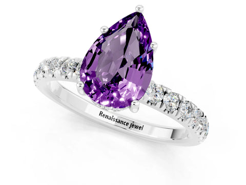 White gold Pear Cut Amethyst Pave Band Solitaire Ring with Four-Prong Setting_13