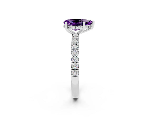 White gold Pear Cut Amethyst Pave Band Solitaire Ring with Round  and Prong Setting