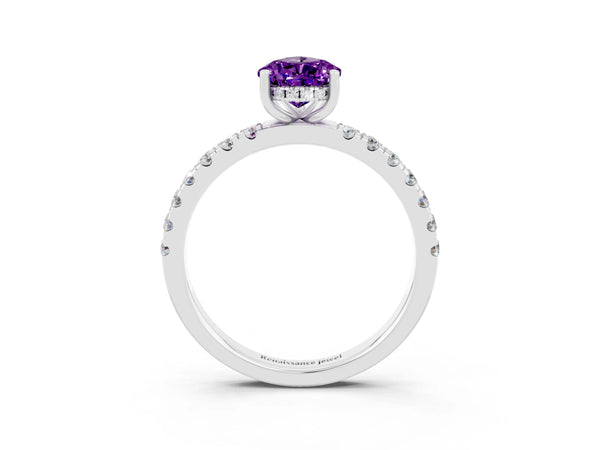 Platinum Pear Cut Amethyst Pave Band Solitaire Ring with Round  and Prong Setting
