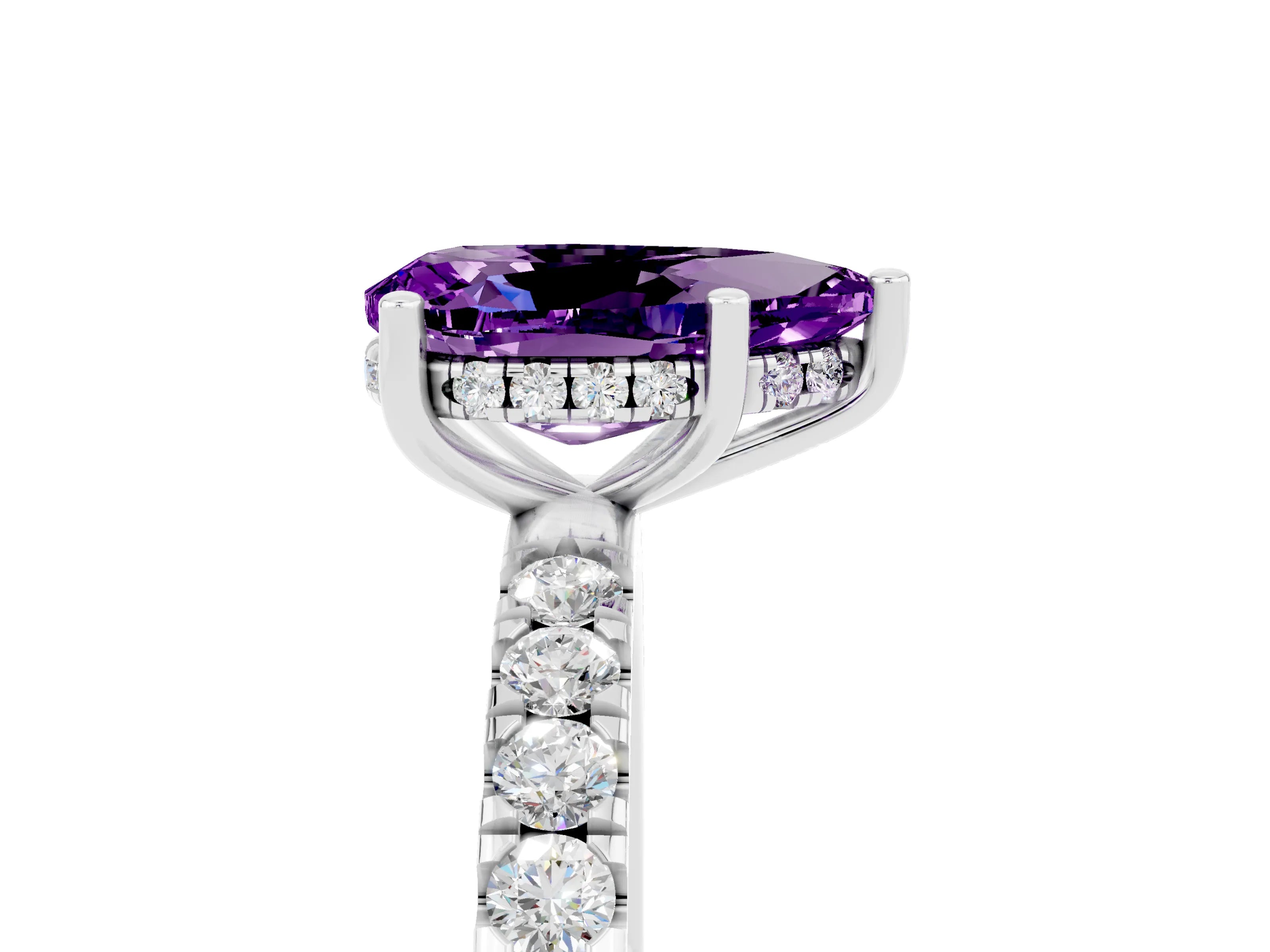 White gold Pear Cut Amethyst Pave Band Solitaire Ring with Four-Prong Setting_17