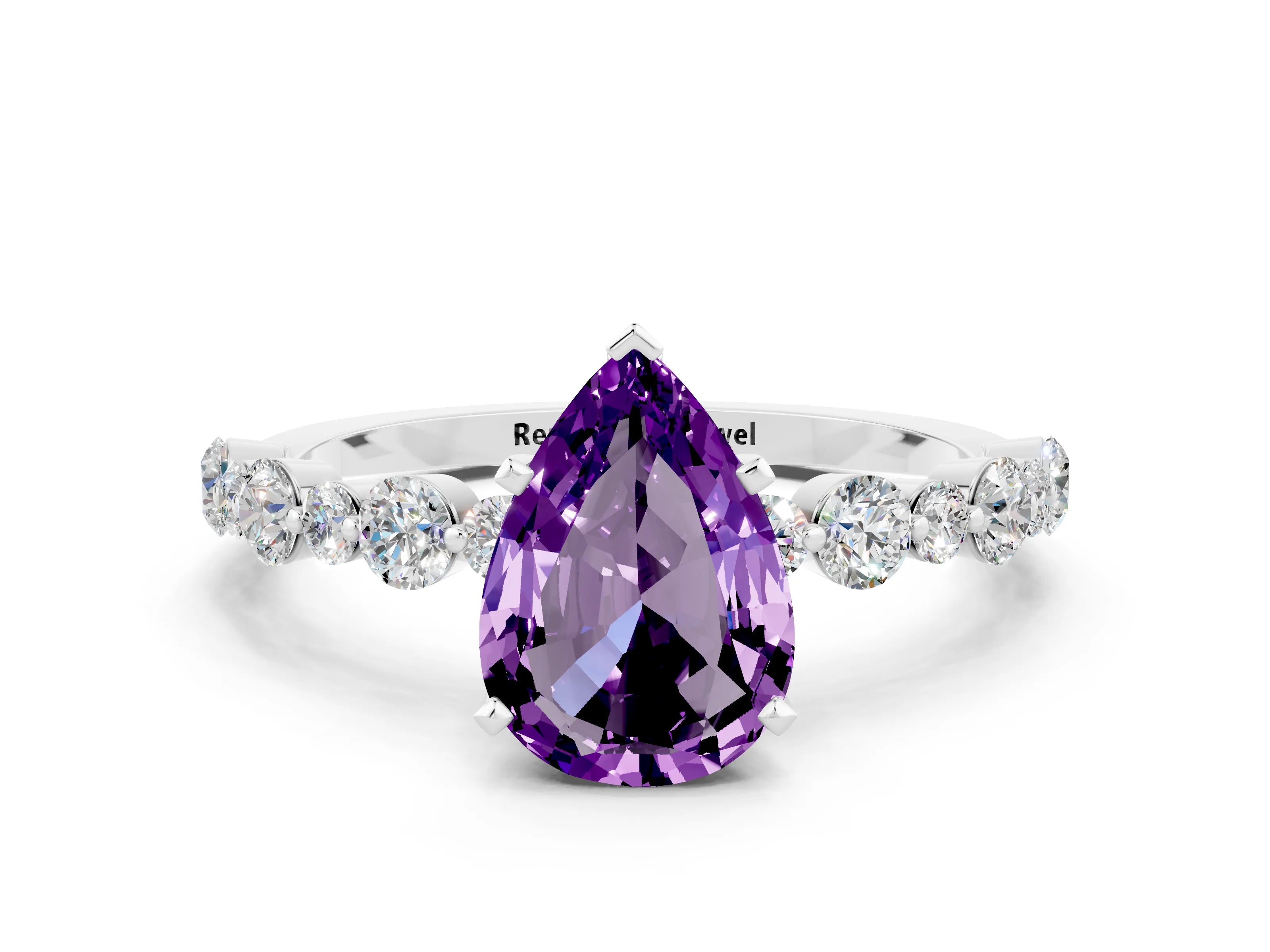 White gold Pear Cut Amethyst Prong Set Engagement Ring with Pavé Band
