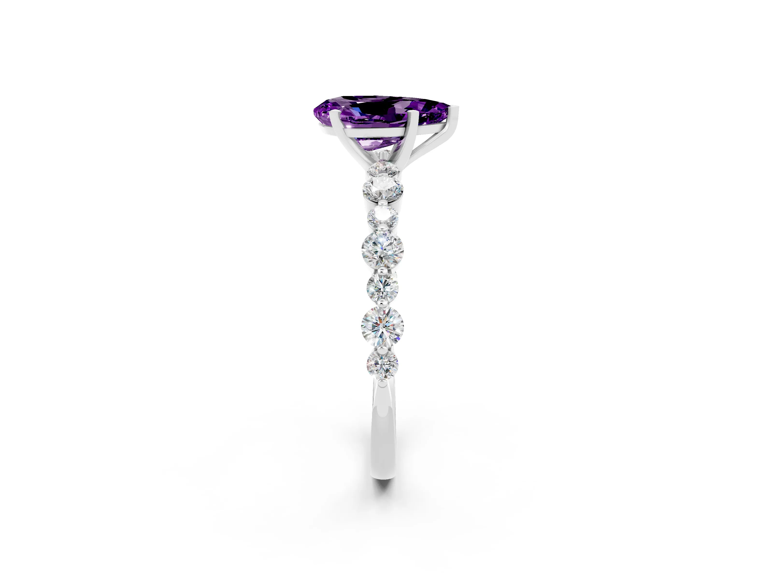 White gold Pear Cut Amethyst Prong Set Engagement Ring with Pavé Band_2