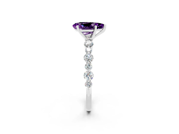 Silver Pear Cut Amethyst Prong Set Engagement Ring with Pavé Band