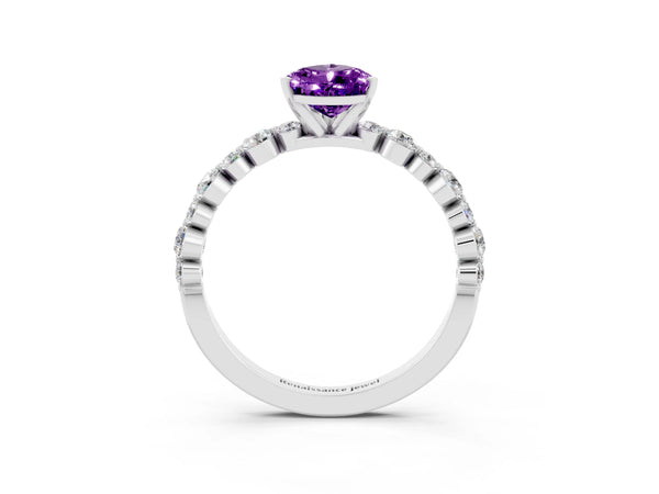 Platinum Pear Cut Amethyst Prong Set Engagement Ring with Pavé Band