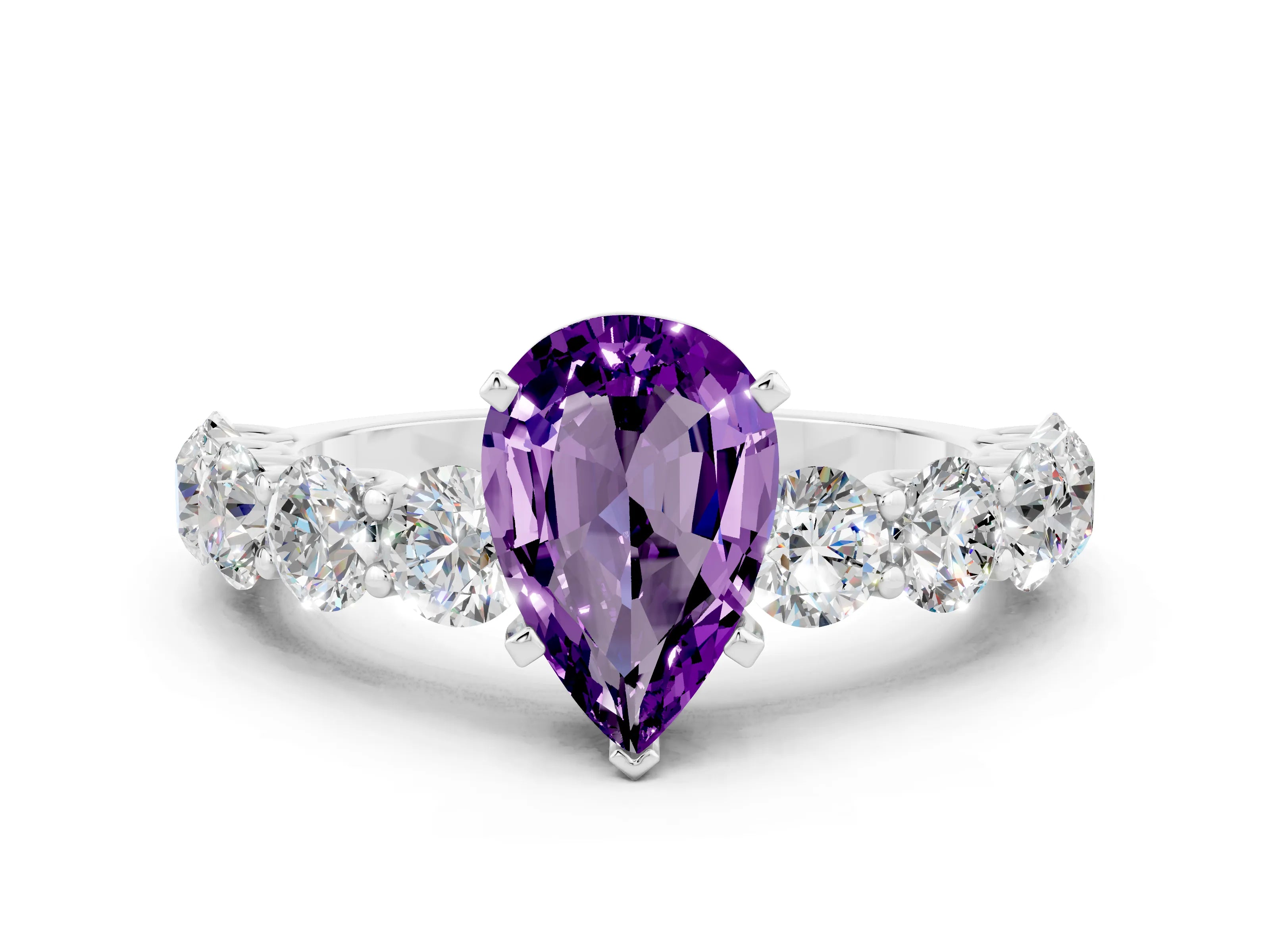 White gold Pear Cut Amethyst Prong Setting with Side Stones on a Pave Band