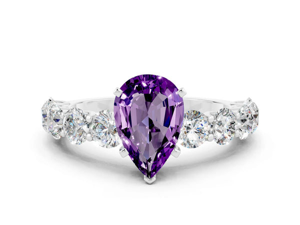 Platinum Pear Cut Amethyst Prong Setting with Side Stones on a Pave Band