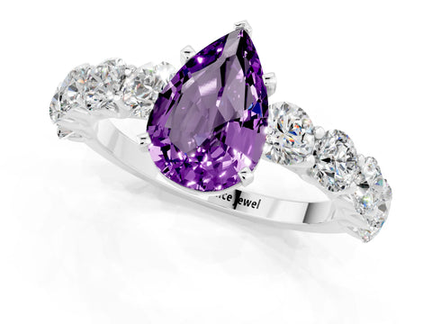 White gold Pear Cut Amethyst Prong Setting with Side Stones on a Pave Band_1