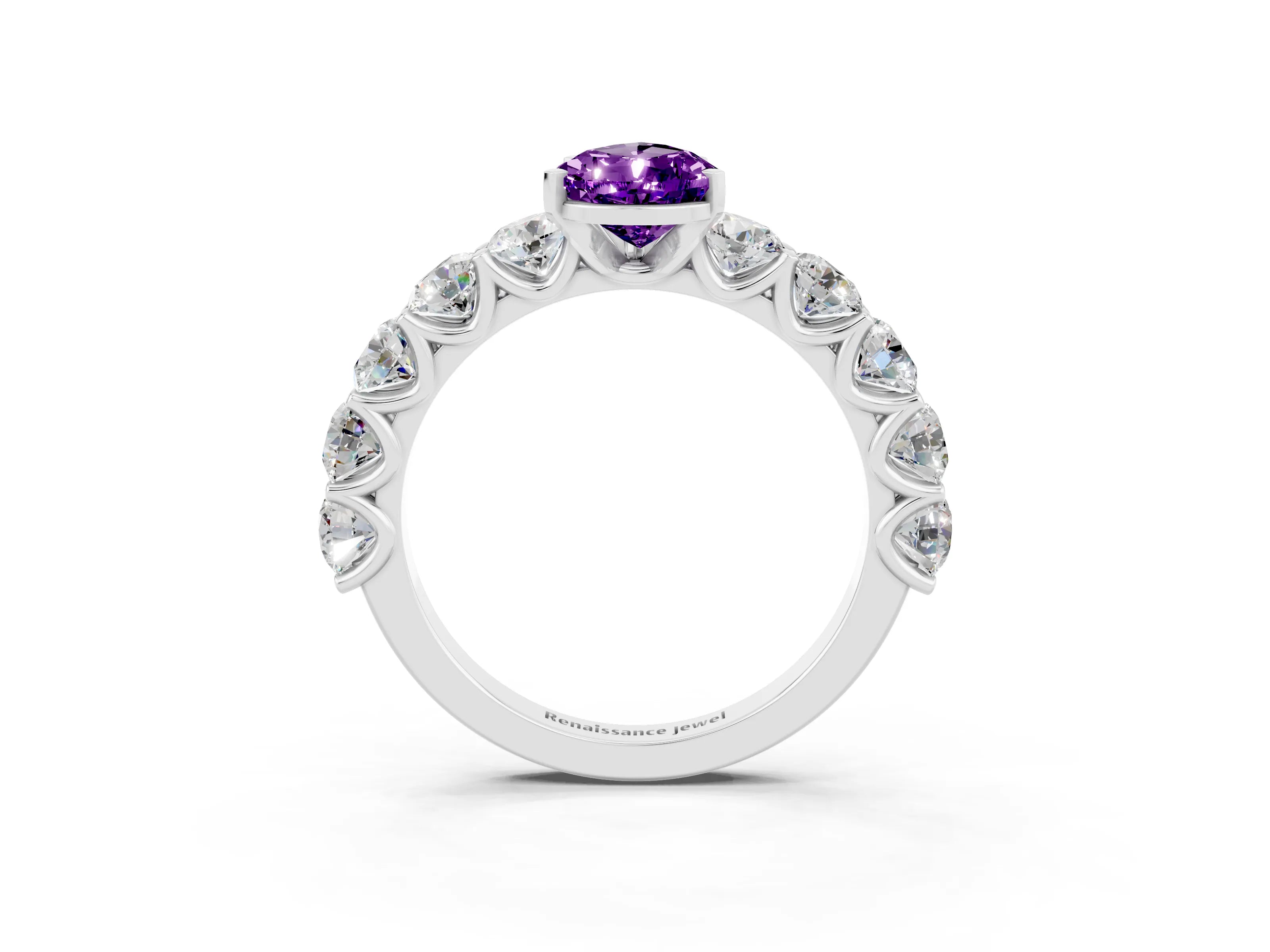 White gold Pear Cut Amethyst Prong Setting with Side Stones on a Pave Band_3