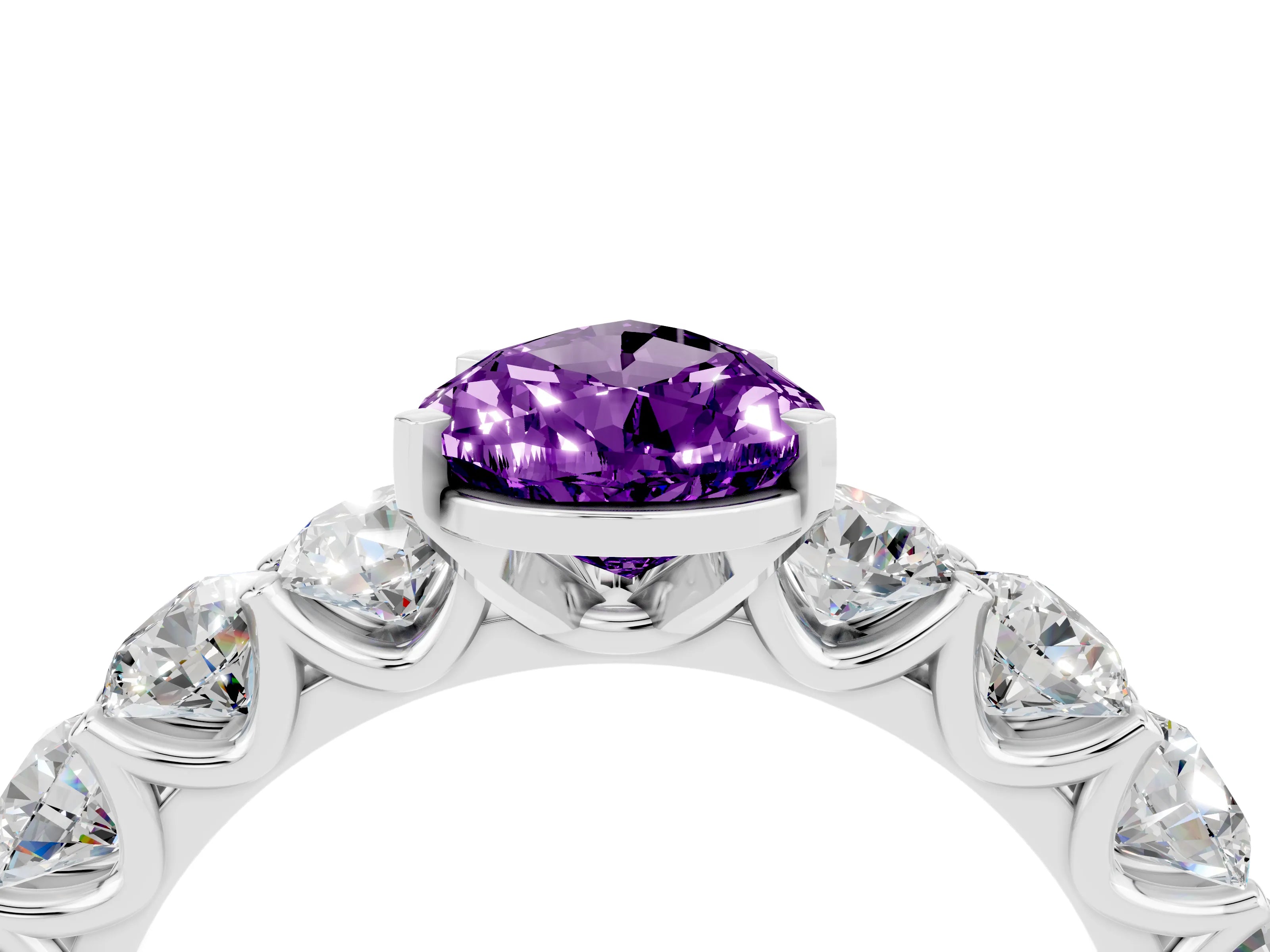 White gold Pear Cut Amethyst Prong Setting with Side Stones on a Pave Band_4