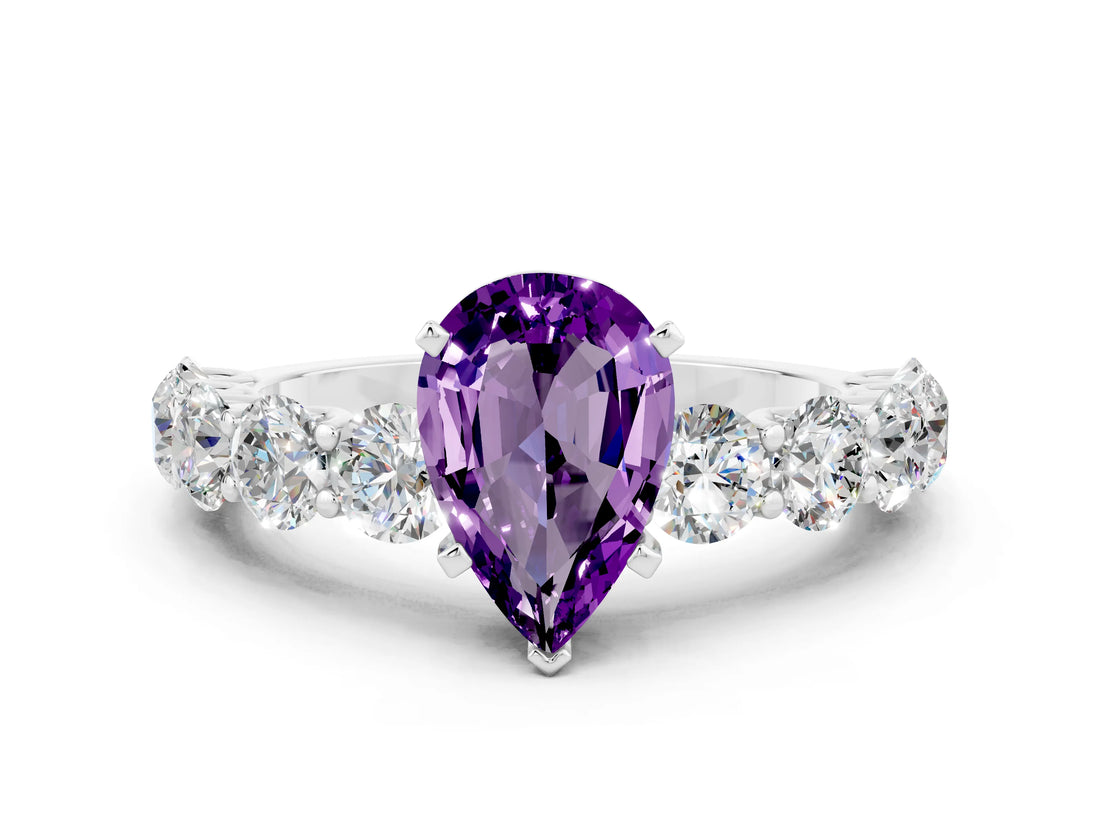 White gold Pear Cut Amethyst Prong Setting with Side Stones on a Pave Band
