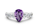 White gold Pear Cut Amethyst Prong Setting with Side Stones on a Pave Band