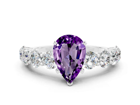 White gold Pear Cut Amethyst Prong Setting with Side Stones on a Pave Band
