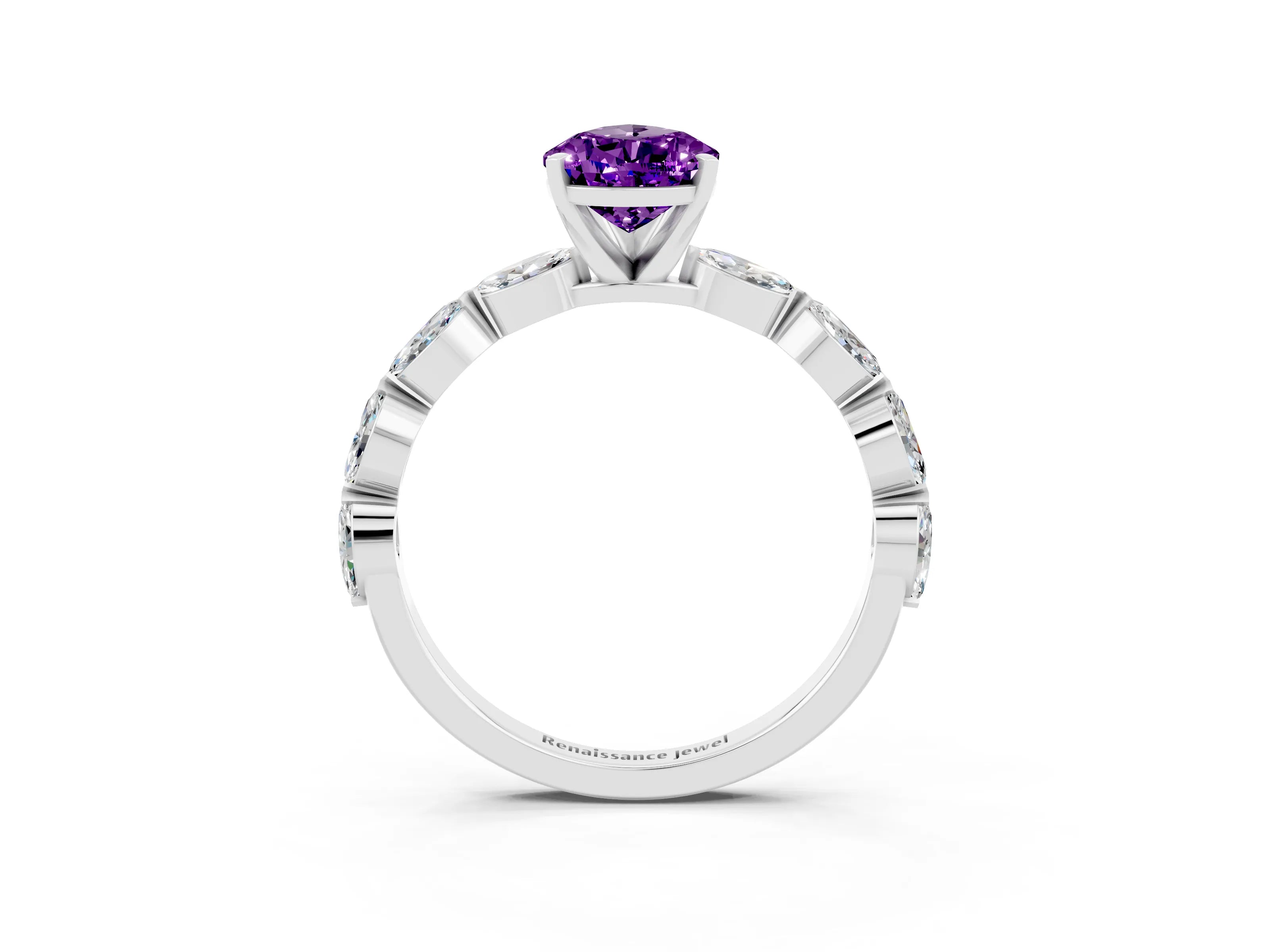 White gold Pear Cut Amethyst Ring with Marquise Side Stones and Prong Setting_3