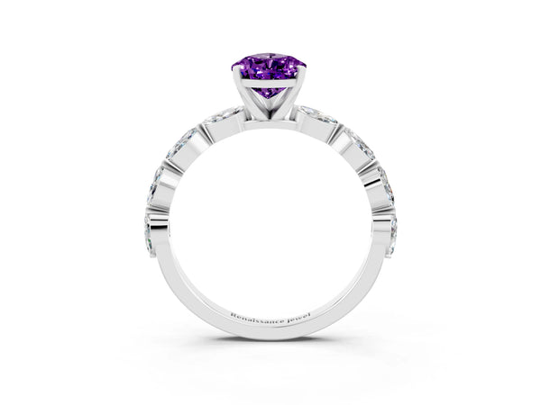 White gold Pear Cut Amethyst Ring with Marquise Side Stones and Prong Setting