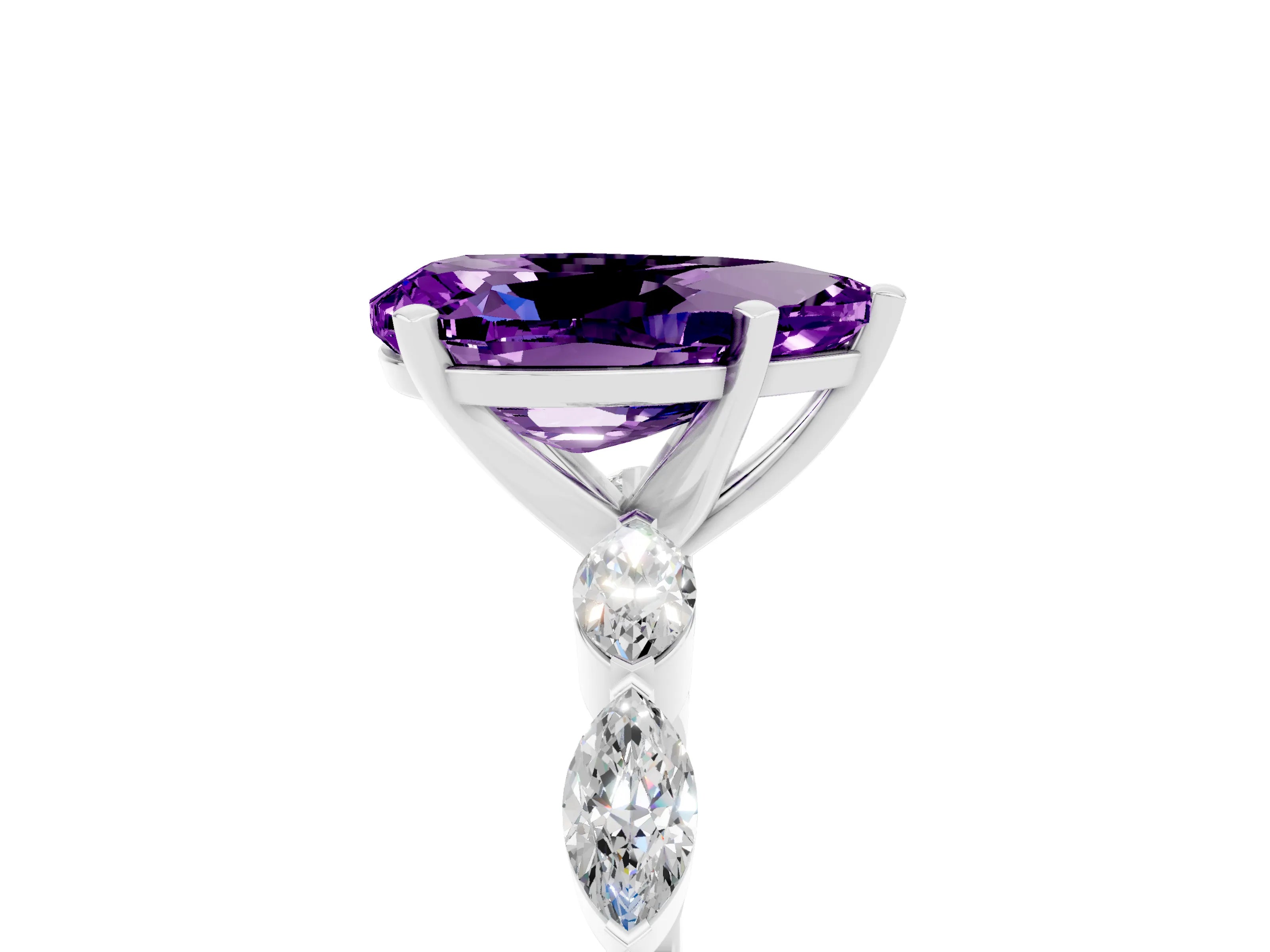 White gold Pear Cut Amethyst Ring with Marquise Side Stones and Prong Setting_5