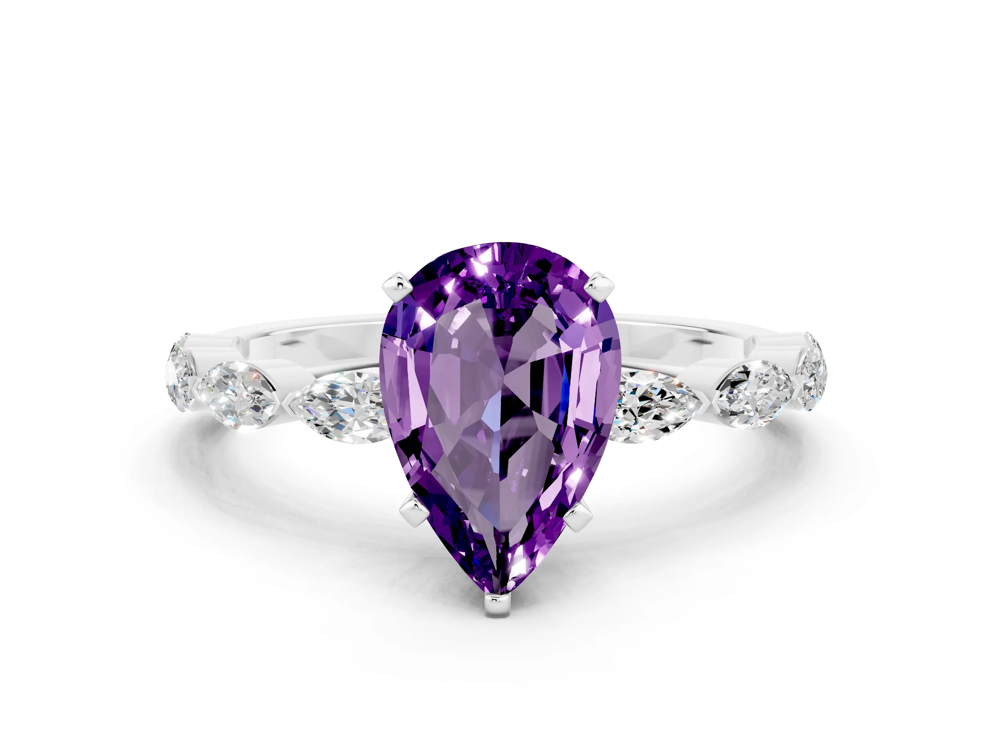 White gold Pear Cut Amethyst Ring with Marquise Side Stones and Prong Setting