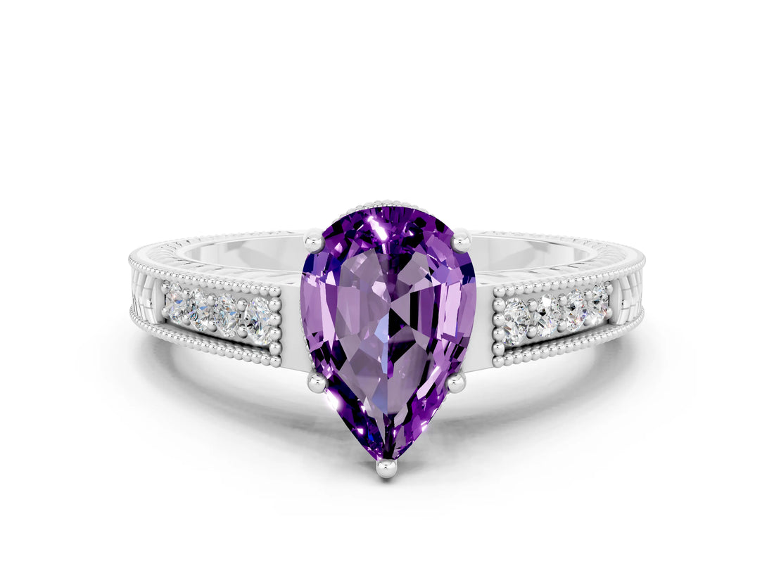 White gold Pear Cut Amethyst Ring with Milgrain Pavé Band and Four-Prong Setting_12