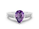 White gold Pear Cut Amethyst Ring with Milgrain Pavé Band and Four-Prong Setting_12