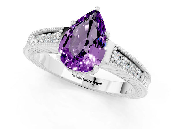 Platinum Pear Cut Amethyst Ring with Milgrain Pavé Band and Four-Prong Setting