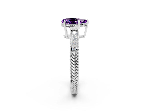 Silver Pear Cut Amethyst Ring with Milgrain Pavé Band and Four-Prong Setting