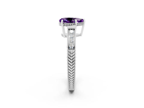 White gold Pear Cut Amethyst Ring with Milgrain Pavé Band and Four-Prong Setting_14