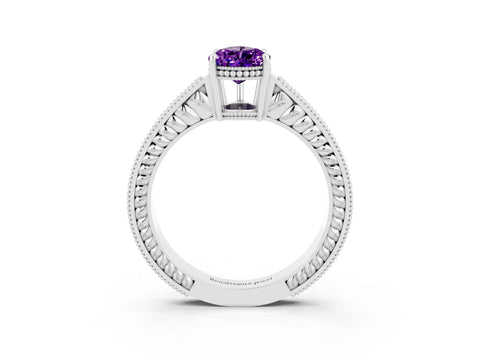 White gold Pear Cut Amethyst Ring with Milgrain Pavé Band and Four-Prong Setting_15