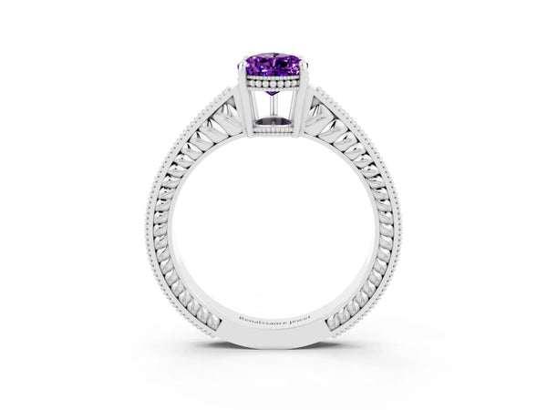 White gold Pear Cut Amethyst Ring with Milgrain Pavé Band and Four-Prong Setting