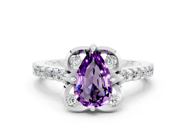 Platinum Pear Cut Amethyst Ring with Pavé Band and Floral Prong Setting