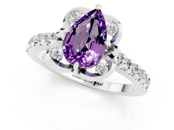 White gold Pear Cut Amethyst Ring with Pavé Band and Floral Prong Setting