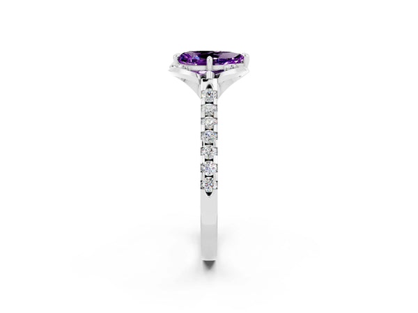 Silver Pear Cut Amethyst Ring with Pavé Band and Floral Prong Setting