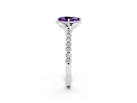 White gold Pear Cut Amethyst Ring with Pavé Band and Floral Prong Setting_2