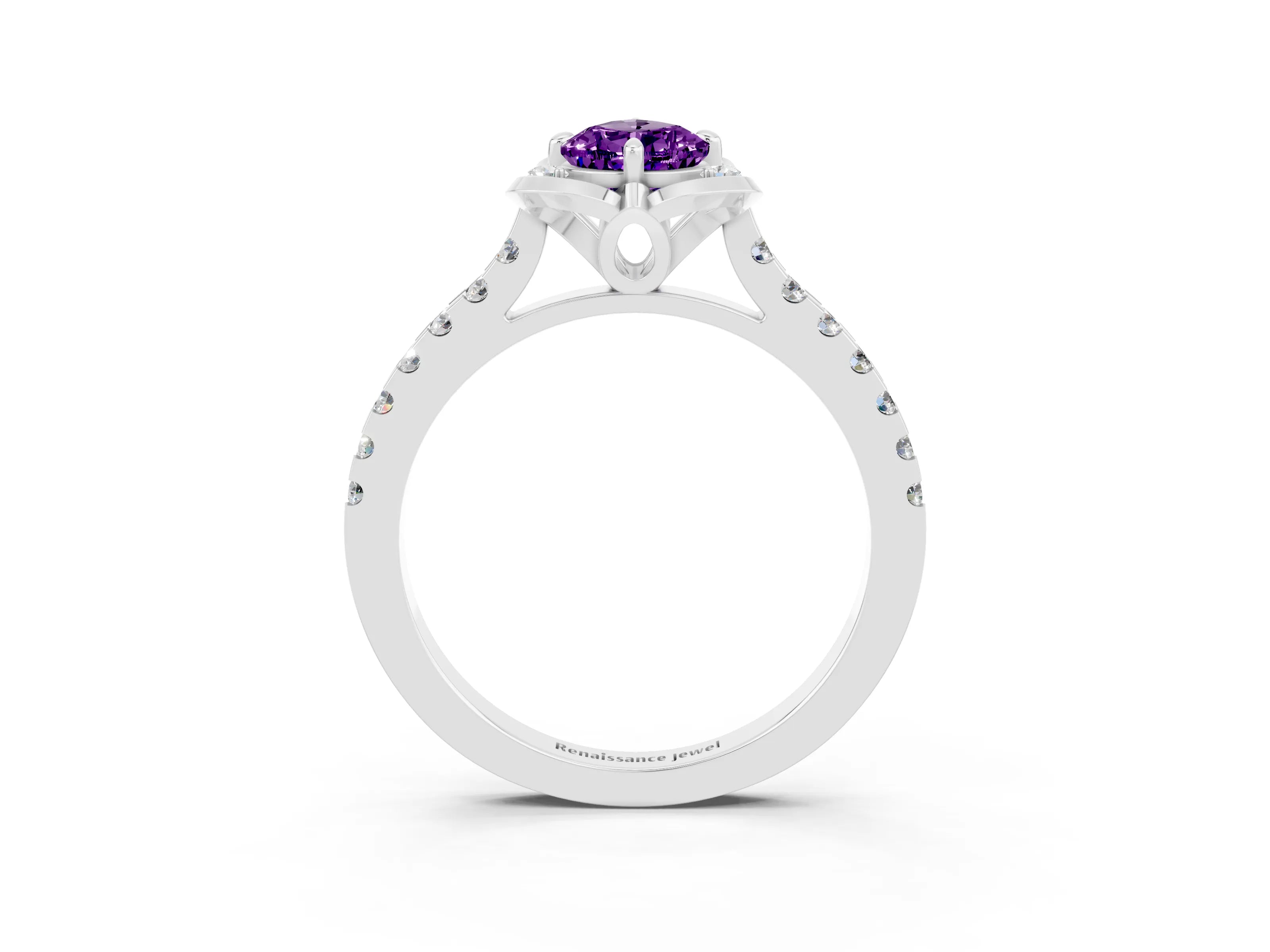 White gold Pear Cut Amethyst Ring with Pavé Band and Floral Prong Setting_3
