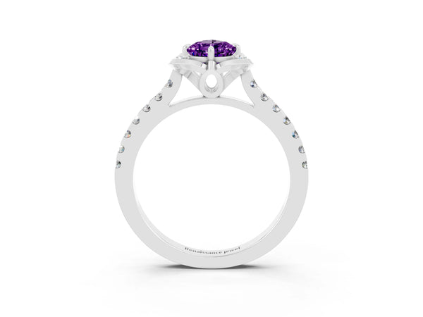 Silver Pear Cut Amethyst Ring with Pavé Band and Floral Prong Setting