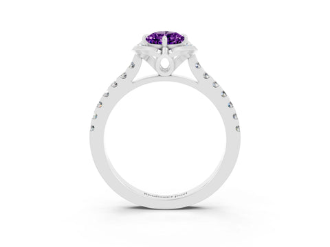 White gold Pear Cut Amethyst Ring with Pavé Band and Floral Prong Setting_3