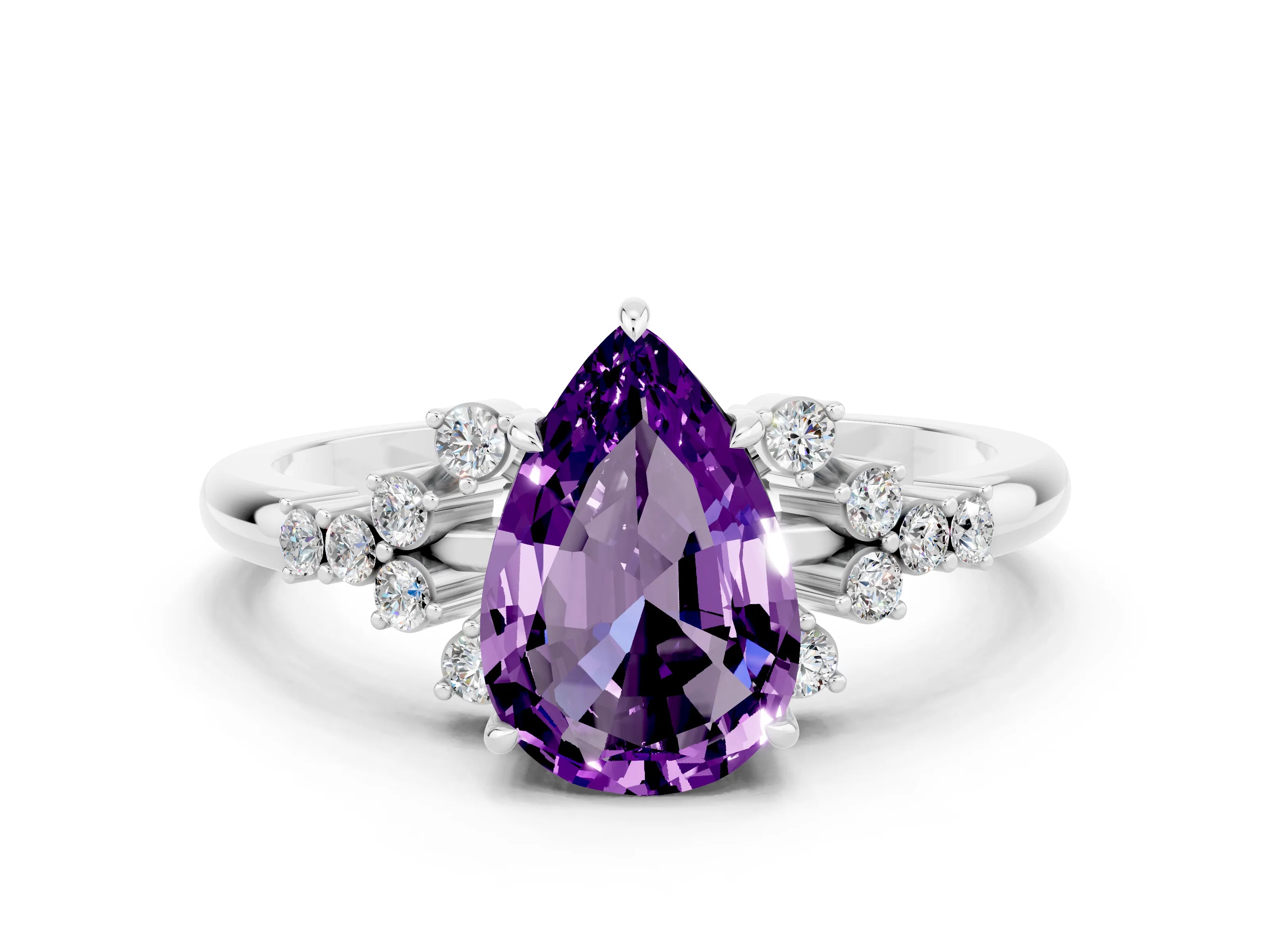 White gold Pear Cut Amethyst Ring with Side Stones and Four-Prong Setting_36