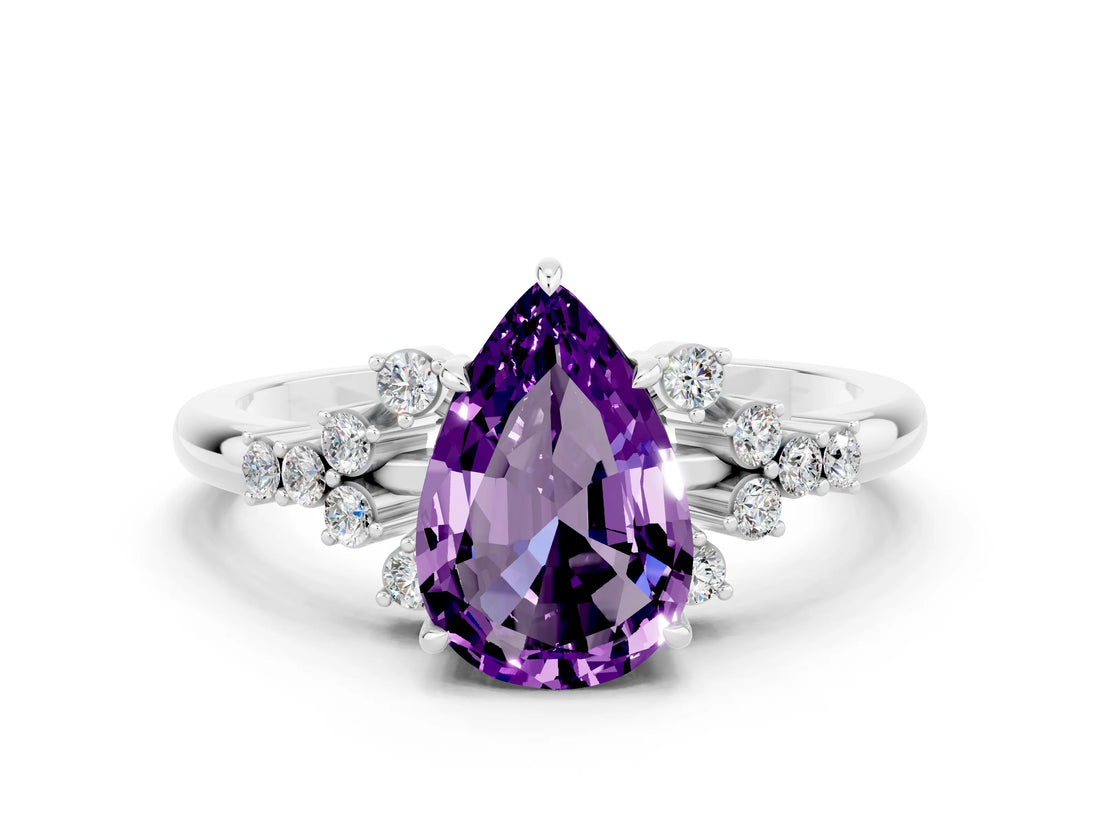 White gold Pear Cut Amethyst Ring with Side Stones and Four-Prong Setting_36