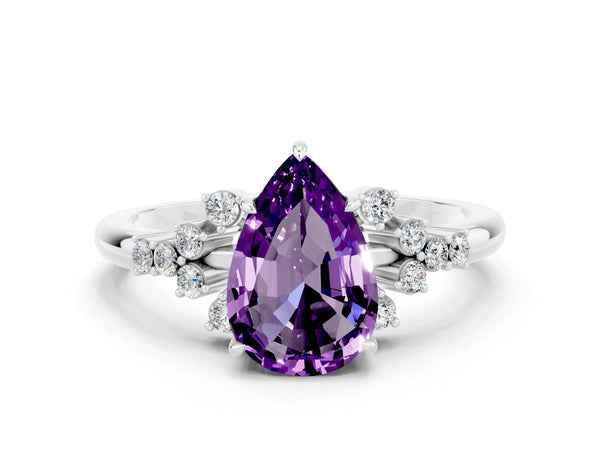 Silver Pear Cut Amethyst Ring with Side Stones and Four-Prong Setting