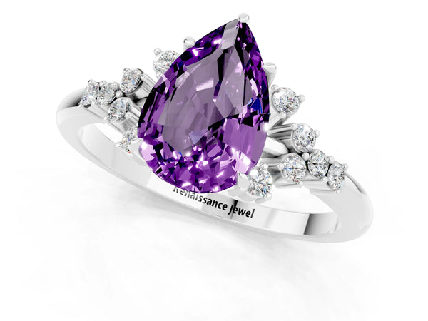 Silver Pear Cut Amethyst Ring with Side Stones and Four-Prong Setting