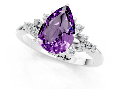 White gold Pear Cut Amethyst Ring with Side Stones and Four-Prong Setting_37
