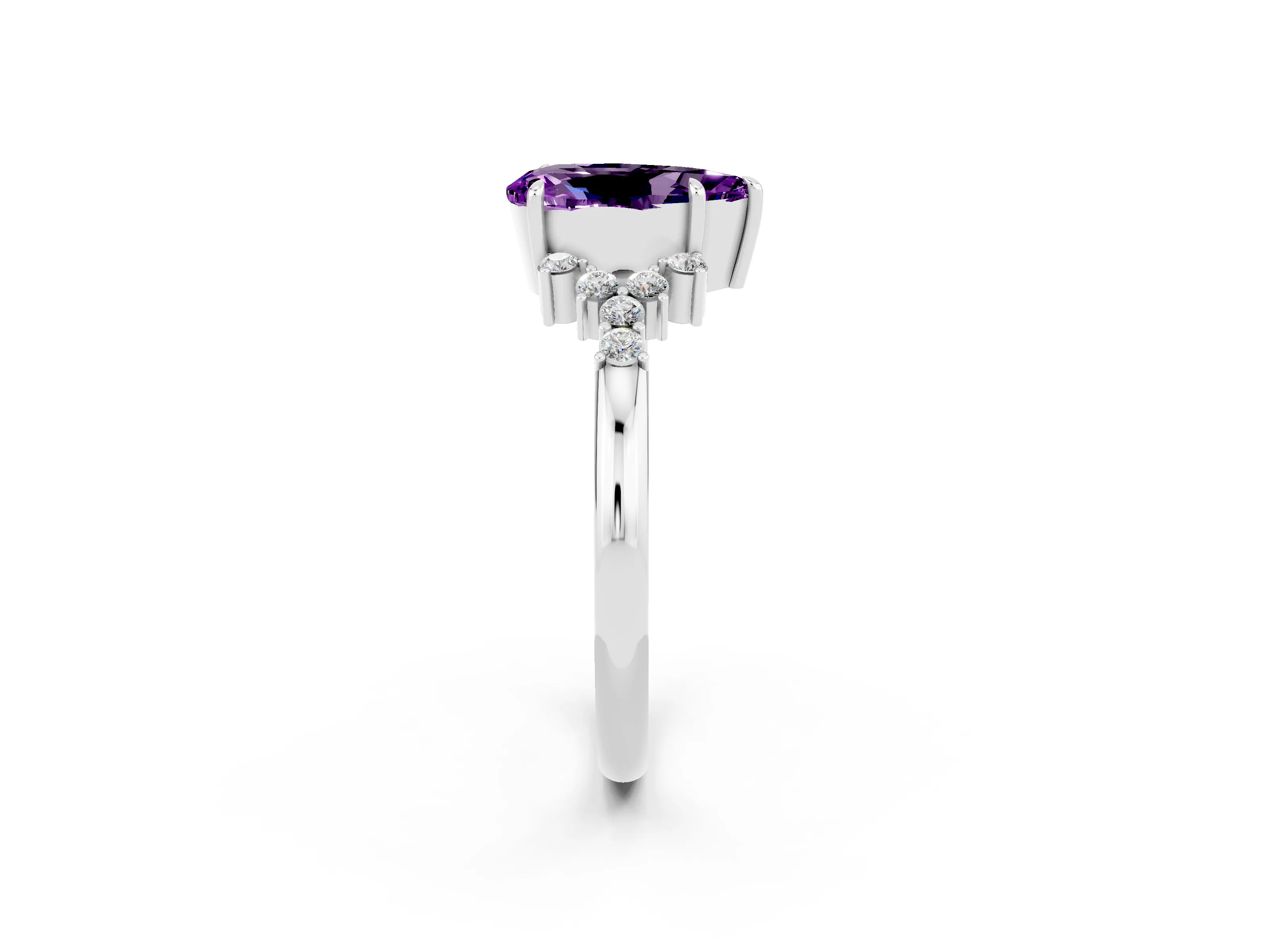White gold Pear Cut Amethyst Ring with Side Stones and Four-Prong Setting_38