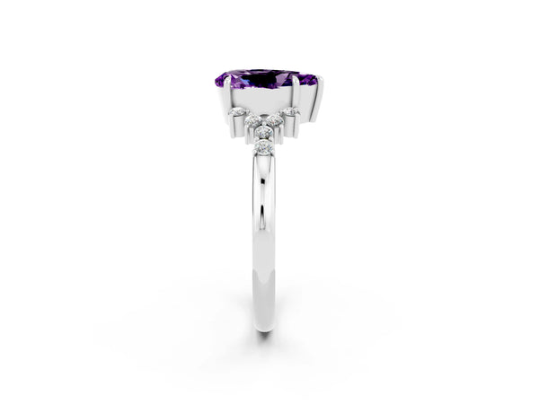 Silver Pear Cut Amethyst Ring with Side Stones and Four-Prong Setting