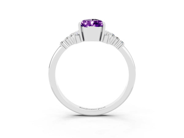 Silver Pear Cut Amethyst Ring with Side Stones and Four-Prong Setting