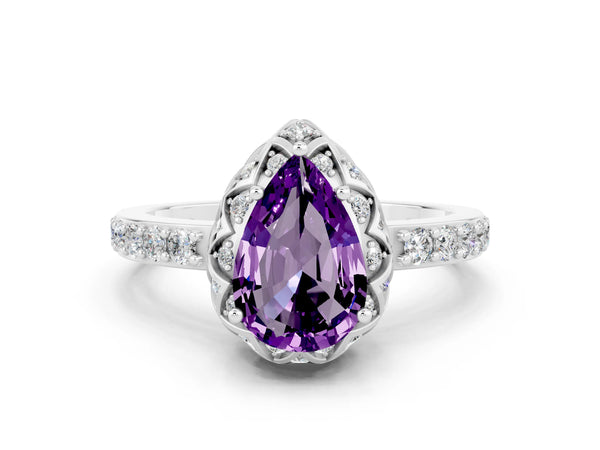 Silver Pear Cut Amethyst Scalloped Halo Engagement Ring with Round Shared Prong Band